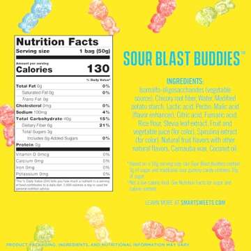 SmartSweets Sour Blast Buddies, Low Sugar Gummy Candy (3g), Low Calorie (130), Gluten-Free -1.8oz (Pack of 12) Packaging may vary