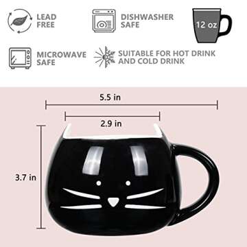 Koolkatkoo Cute Cat Coffee Mug Set for Girls Women Ceramic Kitty Tea Couple Mugs for Cat Lovers 12 oz Meow Cup Black and White