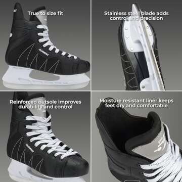 5th Element Stealth Ice Hockey Skates - Perfect for Recreational Ice Skating and Hockey - True-to-Size Fit and Moisture Resistant Liner Ice Skates for Men (Black, 12.0)