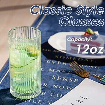 Claplante Drinking Glasses, Origami Style 6 pcs Glass Cups with straw, 12oz Highball Glasses, Elegant Ripple Vintage Glassware, Ribbed Glasses, Iced Coffee Glasses Ideal for Cocktail Whiskey, Juice