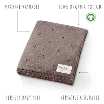 Bleu La La Organic Unisex Pointelle Receiving Swaddle Blanket for Boys & Girls - 100% Luxury Organic Soft Cotton Knit Warm Cozy Cuddle Stroller Crib Blanket for Newborns, Infants, & Toddlers (Mocha)