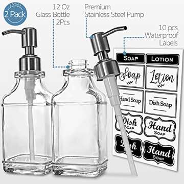 JASAI 2Pack Antique Design Glass Soap Dispenser with Rust Proof 304 Stainless Steel Pump, Refillable Hand Soap Dispenser with 10Pcs Stickers, Premium Soap Dispensers for Kitchen & Bathroom (Clear)