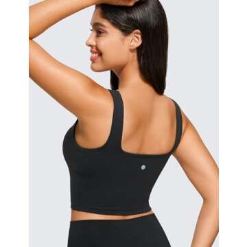 CRZ YOGA Butterluxe Womens Square Neck Longline Sports Bra - Workout Crop Tank Tops Padded with Built in Shelf Yoga Bra Black XX-Small