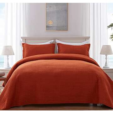 SunStyle Home Quilt Set King Rust Lightweight Bedspread Soft Reversible Coverlet for All Season 3pcs Burnt Orange Square Quilted Quilted Bedding Sets (1 Quilt 2 Pillow Shams)(106"x96")