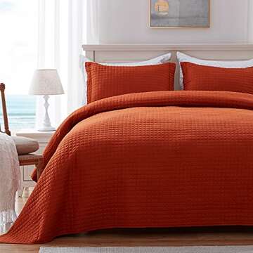 SunStyle Home Quilt Set King Rust Lightweight Bedspread Soft Reversible Coverlet for All Season 3pcs Burnt Orange Square Quilted Quilted Bedding Sets (1 Quilt 2 Pillow Shams)(106"x96")