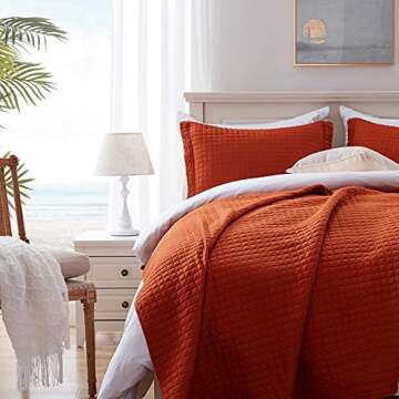 SunStyle Home Quilt Set King Rust Lightweight Bedspread Soft Reversible Coverlet for All Season 3pcs Burnt Orange Square Quilted Quilted Bedding Sets (1 Quilt 2 Pillow Shams)(106"x96")