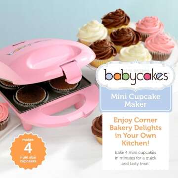 Babycakes Mini Cupcake Maker by Select Brands - Cupcake Iron for Birthdays, Parties & More - Features Non-Stick Coating - Cupcake Machine for Kitchen Appliances - 4 Mini Cupcakes