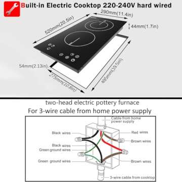 Karinear 2 Burner Electric Cooktop 12 Inch, Drop-in Electric Radiant Cooktop 220v - 240v with Child Safety Lock, Timer, Residual Heat Indicator, 3200W, Hard Wired, No Plug Electric Stove Top