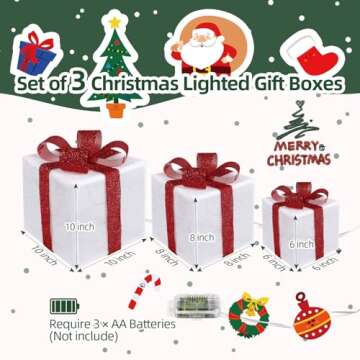 TOAOB Christmas Lighted Gift Boxes: Set of 3 Light Up Presents Christmas Decoration for Indoor Xmas Tree Outdoor Yard Holiday, Battery Operated Gift Boxes with Pre-lit 50 Warm White Lights