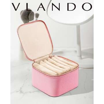 Vlando Travel Jewelry Box for Women,Faux Leather Jewelry Case with 6 Velvet Jewelry Zipper Pockets,Gift Ideas for Women Wife Earrings Necklace Rings Storage Boxes(Strawberry Pink)