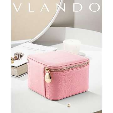 Vlando Travel Jewelry Box for Women,Faux Leather Jewelry Case with 6 Velvet Jewelry Zipper Pockets,Gift Ideas for Women Wife Earrings Necklace Rings Storage Boxes(Strawberry Pink)