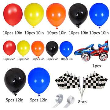 YNOU 121 Pcs Racing Car Balloons Arch Garland Kit Decorations, Race Car Foil Balloons Checker Flag for Monster Car Truck Party, Finish Line Race Car,Nascar Party Supplies