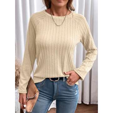 Dokotoo Long Sleeve Shirts 2024 Fall Outfits Business Casual Womens Tops Plus Size Trendy Cute Blouses for Women Dressy Fashion T Shirts Ladies Teacher Plain Clothing Clothes Sweaters Oversized Beige