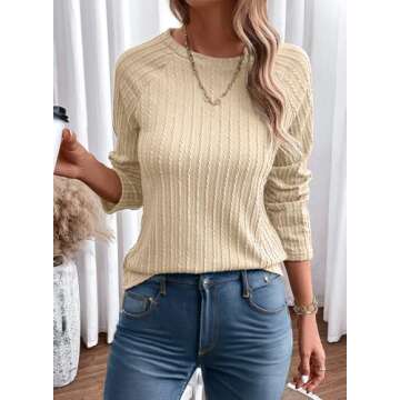 Dokotoo Long Sleeve Shirts 2024 Fall Outfits Business Casual Womens Tops Plus Size Trendy Cute Blouses for Women Dressy Fashion T Shirts Ladies Teacher Plain Clothing Clothes Sweaters Oversized Beige