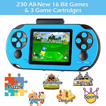 TaddToy 16 Bit Handheld Game Console - 230 Retro Games, USB Rechargeable, 3.0" Screen - Perfect Gift for Ages 4-12 (Blue)