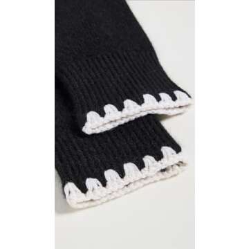 White + Warren Women's Cashmere Crochet Trim Handwarmers, Black/White, One Size