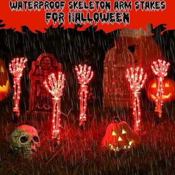 Halloween Outdoor Decoration 4 Pack Skeleton Arm Stake- Skull Hand Stake with LED String Lights Decor for Garden Lawn, Ideal Outdoor Party Decorations