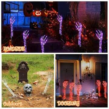 Halloween Outdoor Decoration 4 Pack Skeleton Arm Stake- Skull Hand Stake with LED String Lights Decor for Garden Lawn, Ideal Outdoor Party Decorations