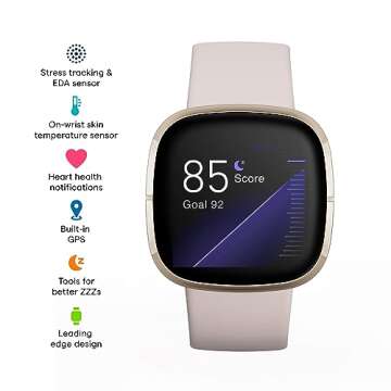 Fitbit Sense Advanced Smartwatch with Tools for Heart Health, Stress Management & Skin Temperature Trends, White/Gold, One Size (S & L Bands Included)