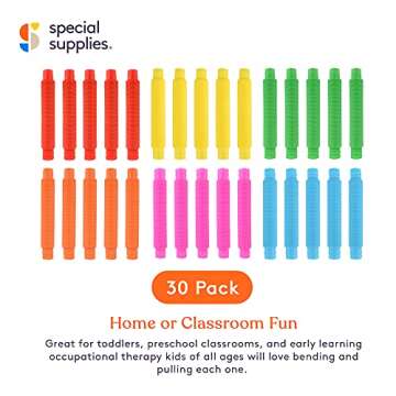 Special Supplies Fun Pull and Stretch Tubes for Kids - Pop, Bend, Build, and Connect Toy, Provide Tactile and Auditory Sensory Play, Colorful, Heavy-Duty Plastic (30-Pack Primary Colors)