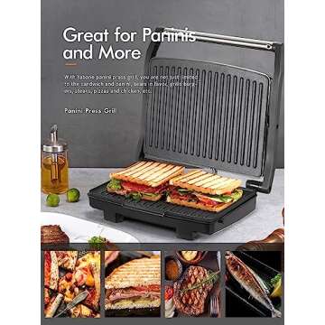 Yabano Panini Press Grill, Gourmet Sandwich Maker, Electric Indoor Grill with Non-Stick Cooking Plate and Removable Drip Tray, Easy to Clean, Stainless Steel