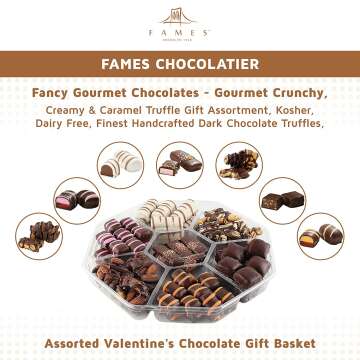 Fames Chocolates Gourmet Gift Box - Finest European Sourced Truffle Chocolate - Luxury Set of Dairy Free Kosher Chocolate Caramel, Hazelnut, Crunch Nutty, Fudgy, Raspberry & Mango. Valentines Chocolate Candy Gift Basket