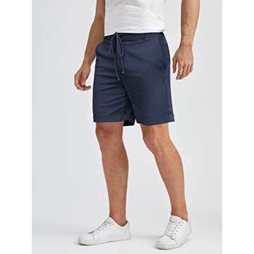 Men's Linen Casual Classic Shorts Elastic Waist Summer Beach Lightweight Board Slim-Fit with Pockets Navy Blue