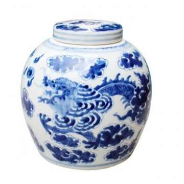 Legends of Asia Asian Traditional Chinese Blue & White Dragon Cloud Ancestor Open Top Jar | Ceramic/Porcelain Decorative Spice Jars/Storage