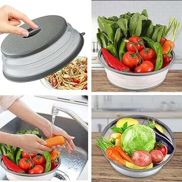 Microwave Splatter Cover Vented for Food, Splatter Guard & Colander Kitchen Gadget for Fruit Vegetables Microwave Plate Cover with Hook Hole,Dishwasher-Safe,BPA-Free Silicone & Plastic (1 Pack)