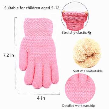 Winter Gloves for Boys Girls - Kids Warm Knit Thermal Cable Knitted Gloves Pink Wool Fleece Lined Mittens for Cold Weather