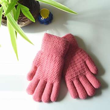 Winter Gloves for Boys Girls - Kids Warm Knit Thermal Cable Knitted Gloves Pink Wool Fleece Lined Mittens for Cold Weather