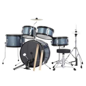 Senfot Drum Set for Musical Instruments, AD-300 Five Piece Drum, Junior Drum Set with Bass Drum, Tom-Tom, Snare, Cymbals, Hi-Tone Drum, Drum Sticks, Base Pedal and Stool, Beginner Set Blue