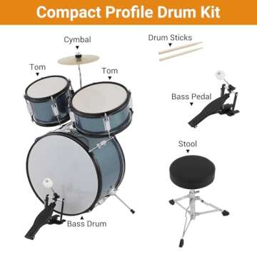 Senfot Drum Set for Musical Instruments, AD-300 Five Piece Drum, Junior Drum Set with Bass Drum, Tom-Tom, Snare, Cymbals, Hi-Tone Drum, Drum Sticks, Base Pedal and Stool, Beginner Set Blue