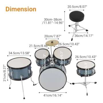 Senfot Drum Set for Musical Instruments, AD-300 Five Piece Drum, Junior Drum Set with Bass Drum, Tom-Tom, Snare, Cymbals, Hi-Tone Drum, Drum Sticks, Base Pedal and Stool, Beginner Set Blue