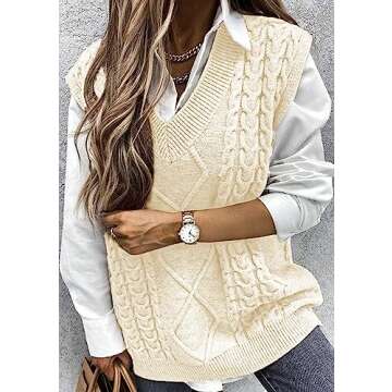 Yousify Women Cable Knit Oversize Sweater Vest V Neck Sleeveless Vintage Loose Sweaters Tops Beige