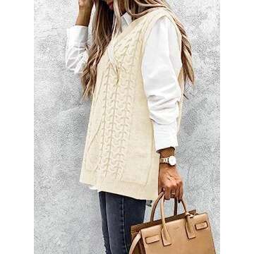 Yousify Women Cable Knit Oversize Sweater Vest V Neck Sleeveless Vintage Loose Sweaters Tops Beige