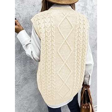 Yousify Women Cable Knit Oversize Sweater Vest V Neck Sleeveless Vintage Loose Sweaters Tops Beige