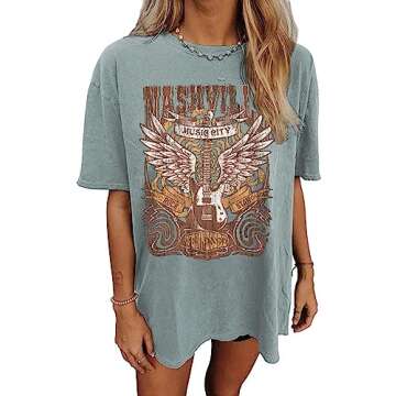 Nashville Music City T-Shirt Women Country Music Oversized Shirts Rock Band Tshirt Vintage Guitar Wings Graphic Tees(Green,X-Large)