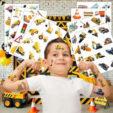 Construction Temporary Tattoos Birthday Party Supplies Decorations 96PCS Tattoos Stickers Vehical Excavator Bulldozer Cute Party Favors Kids Girls Boys Gifts Classroom School Prizes Themed