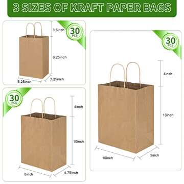 Toovip 90 Pack Plain Brown Kraft Paper Bags with Handles Bulk, Multiple 3 Assorted Sizes Gift Bags for Favors Grocery Retail Party Birthday Shopping Business Goody Craft Merchandise Take Out Sacks