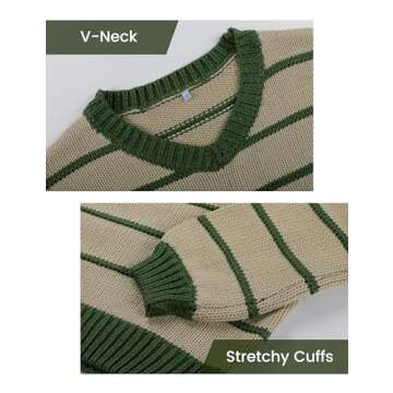 SCUSTY Women's Casual V-Neck Sweater Cozy Striped Pullover Top Loose Fit Ribbed Cuffs & Hem Fall Winter(Green-S)