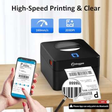 Mvgges Bluetooth Shipping Label Printer, Thermal Label Printer 4x6 for Shipping Packages, Support Windows, Mac, iOS, iPhone, Android, Used for Amazon, Ebay, Shopify, Etsy, UPS, USPS,Matte Black