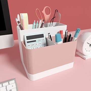 Desk Organizer Office Supplies,desk organization and storage, pen holder for desk, pencil holder, Adjustable space, Pen/Pencil, Cell phone, Holder Office Home Accessories Organize (Pink)