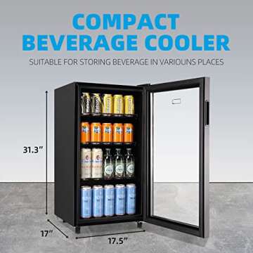 WANAI Mini Fridge Cooler 125Cans Beverage Refrigerator Glass Door Beverage Cooler for Beers Wine Juicer Cooler Adjustable Shelves LED Lights for Home, Office or Bar