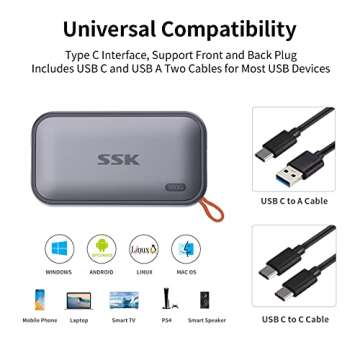 SSK Portable SSD 500GB External Solid State Drives, up to 1050MB/s USB C SSD External Hard Drive USB 3.2 Gen2 for iPhone 15/Pro, Windows, Mac, Android Phones and Tablets