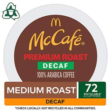 McCafe Premium Roast Decaf Coffee, Single Serve Keurig K-Cup Pods, Decaffeinated, 72 Count (6 Packs of 12)