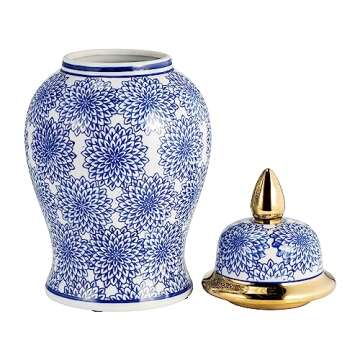 Sagebrook Home 14" Temple Jar With Dalhia Flower, Blue & White | Decorative Jars, Vases, Elegant Storage Containers for Home Decor and Kitchen Interior Design