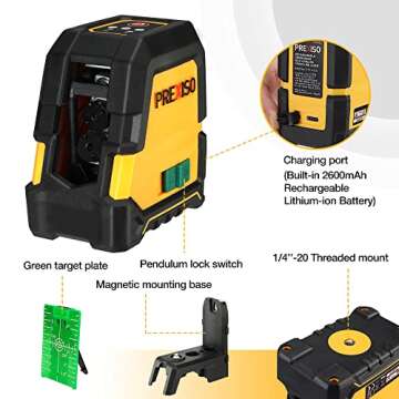 PREXISO Laser Level Self Leveling - 100Ft Rechargeable Cross Line Laser, Green Line leveler Tool for Construction, Floor Tile, Home Renovation with Magnetic Pivoting Base, Target Plate & Portable Bag