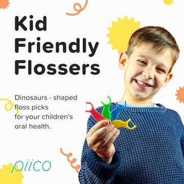 Piico Unflavored Kids Floss - No Fluoride Dual Line Dental Floss Picks - Fun Oral Care in Colorful Floss Sticks Design - Kids Flossers Avoid Tooth Decay & Gum Disease - 80 Count Dino