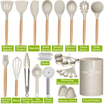 Umite Chef 36pcs Silicone Kitchen Cooking Utensils with Holder, Heat Resistant Cooking Utensils Sets Wooden Handle, Khaki Nonstick Kitchen Gadgets Tools Include Spatula Spoons Turner Pizza Cutter